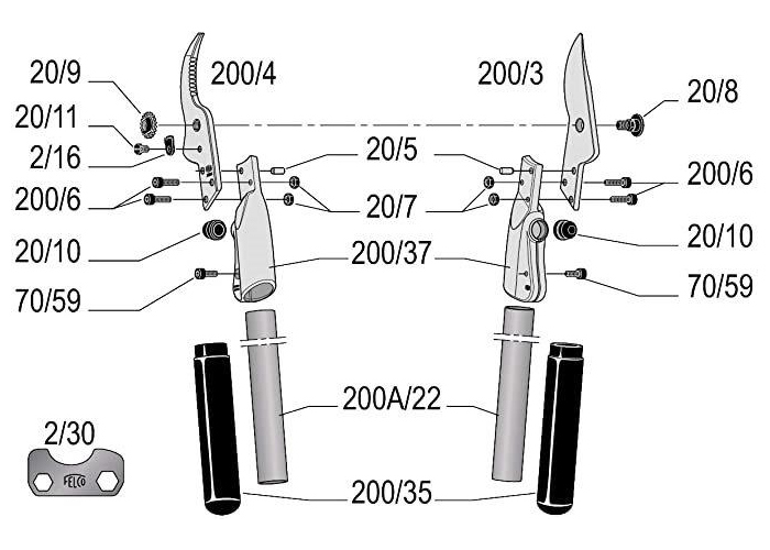 Tubes en aluminium + 2 douilles 22 cm - 200A-22, pour s�cateur � deux mains
